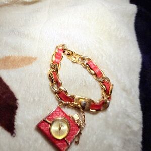 Source Unknown Gold and Red Chain Link Charm Watch Bracelet